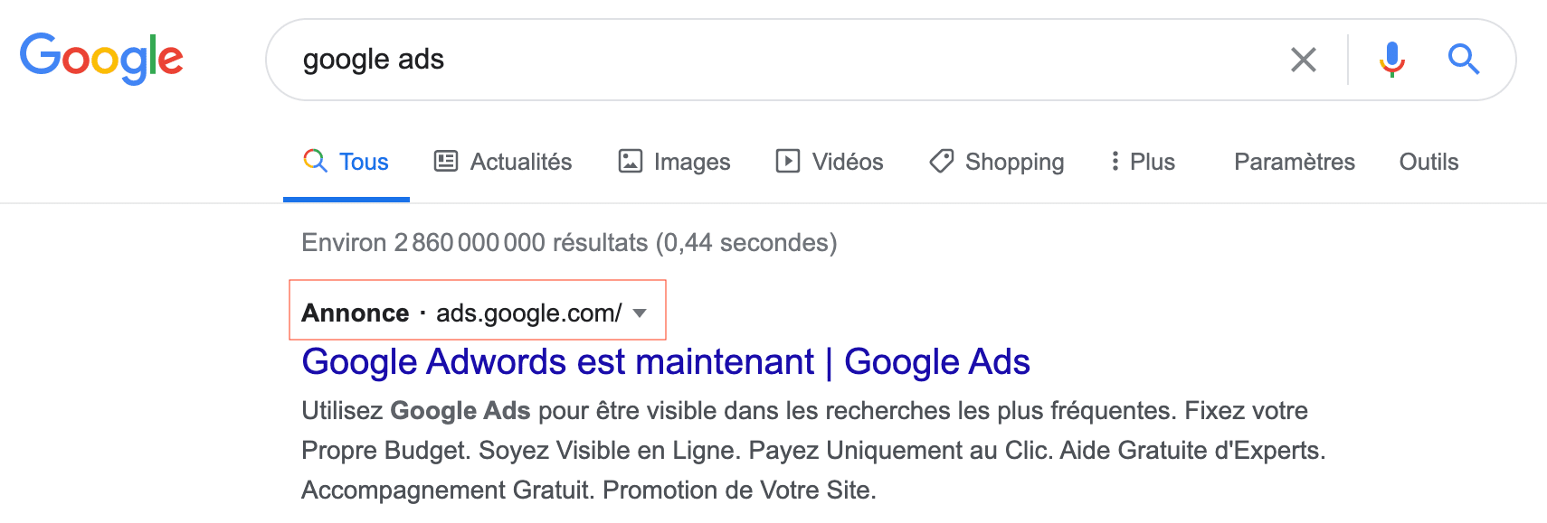 Exemple d'annonce en référencement payant SEA, reconnaissable par le mot "Annonce"